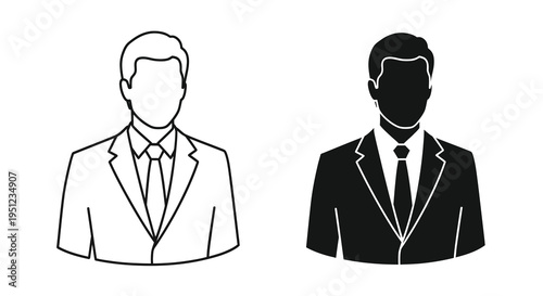 A minimalistic black and white illustration depicts two suited men facing forward representing diverse representation high quality professional detailed