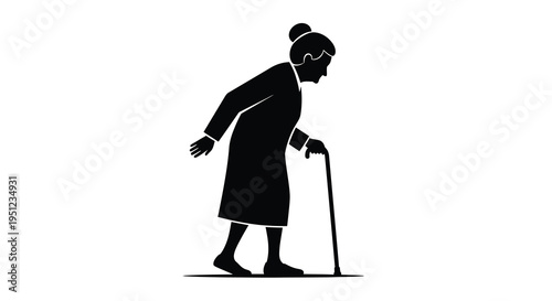 A stark black silhouette depicts an elderly woman walking with a cane representing age and frailty high quality professional
