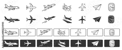 Airplane Icon Set Outline and Solid Styles Aviation Travel Vector Collection