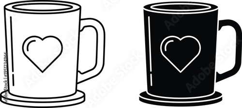 Coffee mug with heart icon set black and white outline and silhouette cup vector illustration isolated on light background for cafe design
