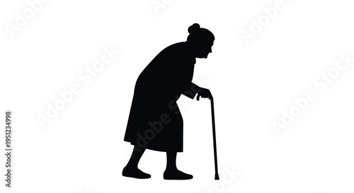 A stark silhouette depicts an elderly woman walking with a cane showcasing age and fragility high quality professional detailed