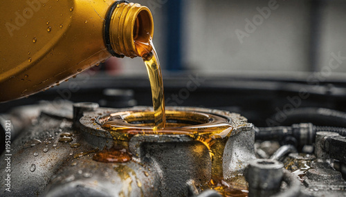 Golden yellow liquid lubricant pour from a plastic container bottle into an engine, illustrating vehicle maintenance and automotive fluid change