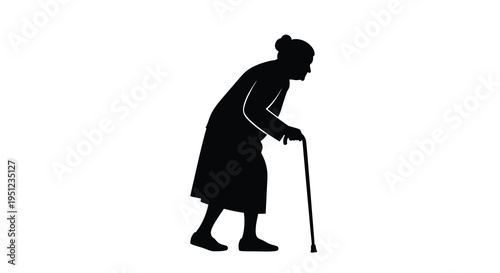 A stark silhouette depicts an elderly woman walking with a cane suggesting age fragility and movement high quality professional