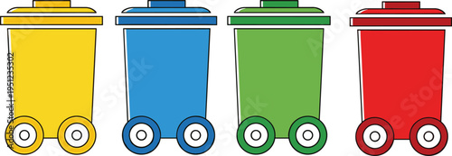 Colorful garbage bins for waste segregation, recycling, and environmental awareness, showing yellow, blue, green, and red containers with bold outlines promoting eco‑friendly disposal practices.