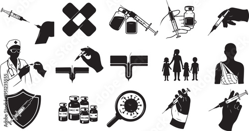 Black and white vaccination icons and symbols illustration set