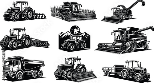 Black and white illustrations of agricultural machinery including tractors, combine harvesters, and dump truck, showcasing farming technology, equipment diversity, rural industry, a