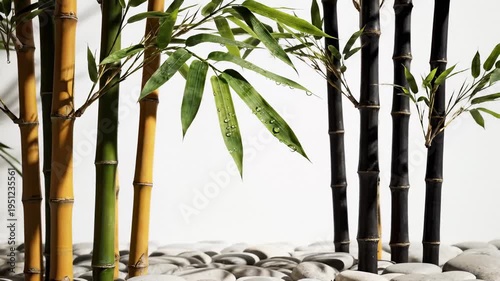 Close-Up of Bamboo Stalks and Leaves With Water Droplets on Smooth Stones