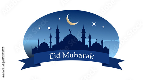Eid Mubarak card, Silhouette Dome Mosques at night with crescent moon, dark blue sky,Vector banner background for Islamic religions ,Eid al-Adha, Eid al-fitr, Happy muharram, Islamic new year vector.
