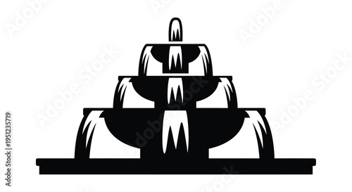 A striking black and white illustration depicts a tiered fountain structure with a classic design simplified for graphic representation