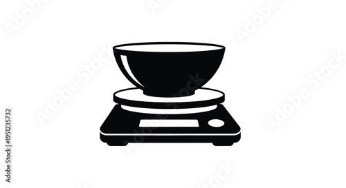 A minimalist black and white graphic depicts a kitchen scale with a bowl placed on its platform symbolizing measurement