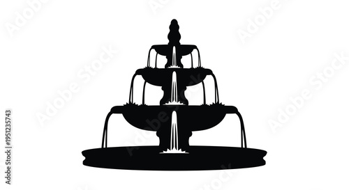 A striking black silhouette depicts a tiered fountain with water cascading down showcasing a classical design high quality professional