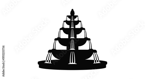 A striking black and white illustration depicts a tiered fountain structure with cascading water features symbolizing artistry high quality professional detailed