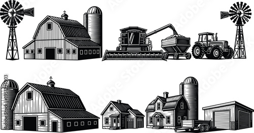 Detailed black and white farm illustration featuring barns, silos, windmills, tractor, combine harvester, grain cart, and rural houses showcasing traditional agricultural life and machinery.