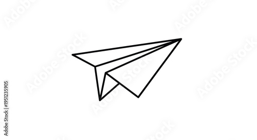 A minimalist black and white illustration depicts a classic paper airplane suggesting childhood simplicity and flight high quality professional