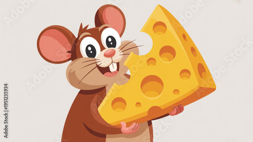 Cute cartoon mouse holding and biting a large slice of Swiss cheese funny illustration for childrens books and food concepts
