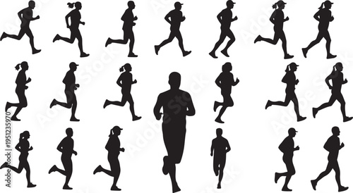 Silhouettes of people running in various poses together