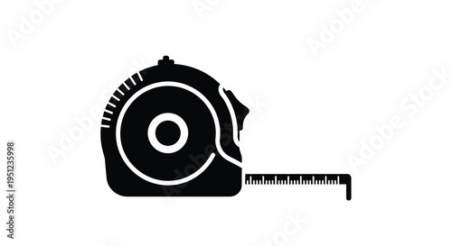 A stark black and white illustration depicts a retractable measuring tape showcasing its circular housing and extended blade