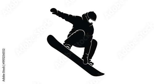 A dynamic silhouette depicts a snowboarder mid air executing a trick with impressive form and energy high quality professional detailed