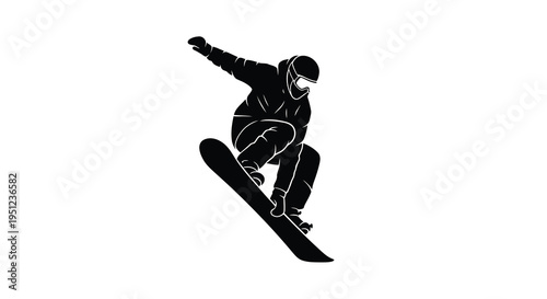 A striking black silhouette depicts a snowboarder mid air performing a dynamic jump with visible energy and skill high quality