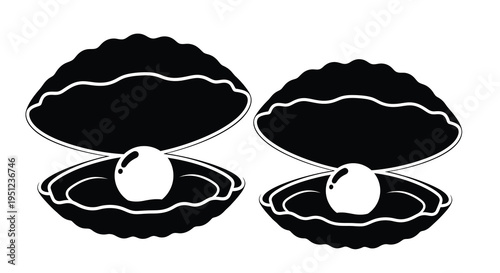 A striking black and white illustration depicts two open seashells each containing a single luminous pearl within high quality professional detailed