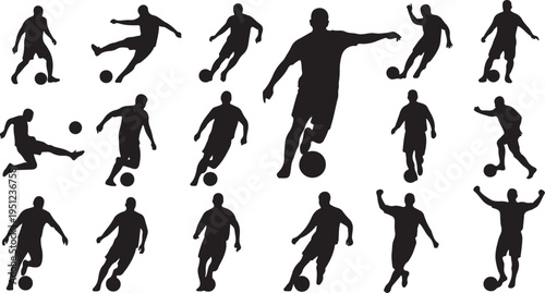 Silhouettes of soccer players in various kicking and running poses