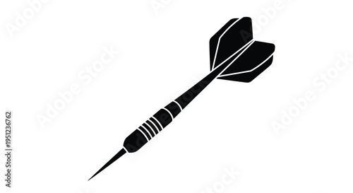 A stark black silhouette of a classic dart featuring a pointed tip grooved shaft and three distinct flights