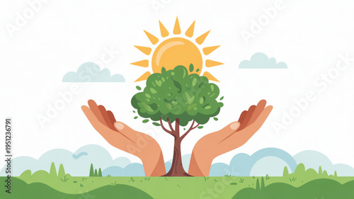 Hands cradling a vibrant green tree under a bright sun symbolizing environmental protection and growth perfect for eco-friendly concepts and nature conservation