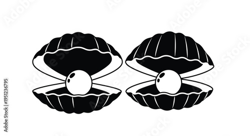 A graphic depiction showcases two open seashells each containing a singular perfectly round pearl within high quality professional detailed
