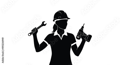 A stylized black silhouette depicts a female construction worker holding tools representing skilled trades and empowerment high quality professional