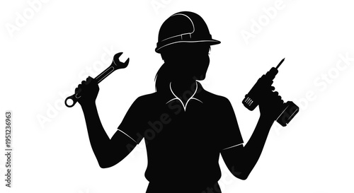 A striking black silhouette depicts a female construction worker holding tools representing skilled labor and empowerment high quality professional