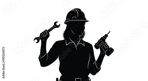 A silhouetted construction worker holds a wrench and a power drill representing skilled trades and building professions high quality