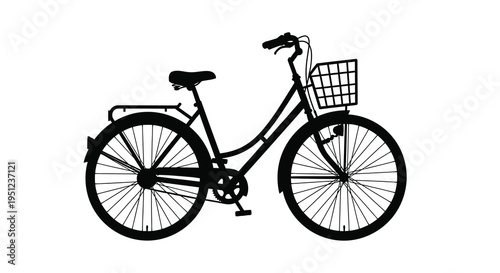 A striking black silhouette depicts a classic bicycle with a front basket showcasing its simple elegant form high quality