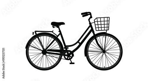 A minimalist black silhouette depicts a classic bicycle with a front basket showcasing its simple design high quality professional