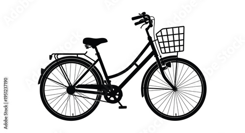 A striking black silhouette depicts a classic bicycle with a front basket showcasing its simple yet elegant design