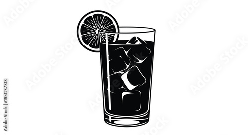 A black and white illustration depicts a tall glass filled with dark liquid ice cubes and a lemon slice garnish