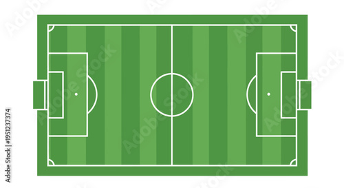 An overhead view depicts a neatly marked green soccer field with white lines designating playing areas and goalposts