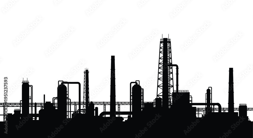 Obraz premium A stark silhouetted cityscape featuring an industrial complex with towering smokestacks and distant buildings high quality professional detailed modern