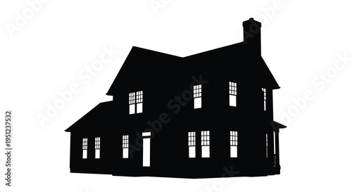 A striking black silhouette depicts a classic two story house with a chimney windows and a simple facade high quality