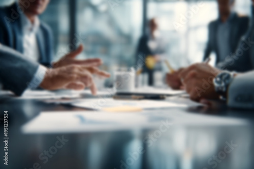 Blurred Business professionals discussing financial reports in modern office