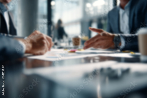 Blurred Business professionals collaborating over documents in modern office