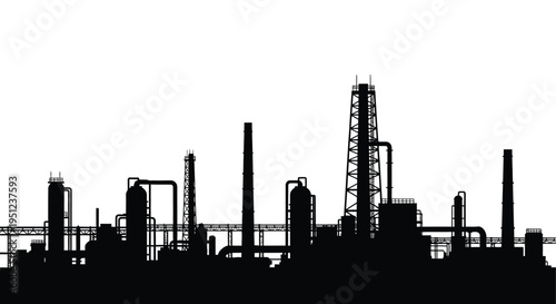 A stark silhouetted cityscape featuring an industrial complex with towering smokestacks and distant buildings high quality professional detailed modern