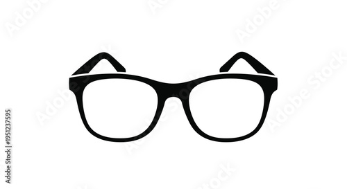 A simple black and white illustration depicts a pair of eyeglasses showcasing a classic frame design against a white background