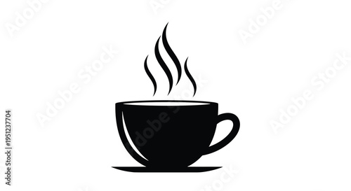 A minimalist black silhouette depicts a steaming cup of coffee suggesting warmth and a comforting beverage experience high quality