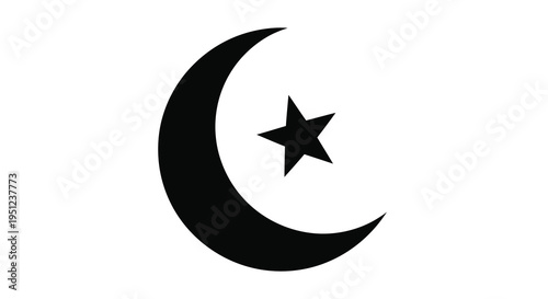 A stark black silhouette presents an islamic crescent moon and a five pointed star against a white background high quality