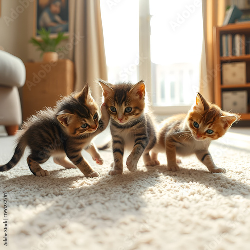 Kittens engaging in playful roughhousing on soft carpet in a sunlit room, Kittens rough play on carpet funny Cinematic
