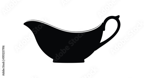 A stark black silhouette depicts a classic gravy boat with a curved spout and an elegantly shaped handle