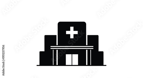 A simple black and white illustration depicts a hospital building with a prominent cross symbol on its roof
