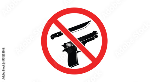 A stark warning sign depicts a knife and handgun crossed out by a bold red circle and slash
