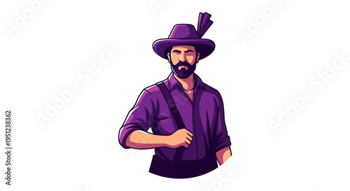 Illustration of a man in a purple shirt and hat with a feather, symbolizing patriotism and freedom