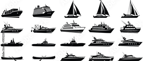 Collection of various boat and ship silhouettes on white background